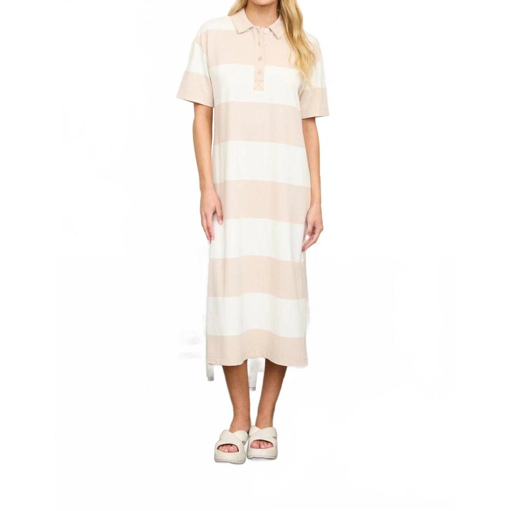 NEW J.O.A. wide stripe collared short sleeve midi shirt dress in khaki